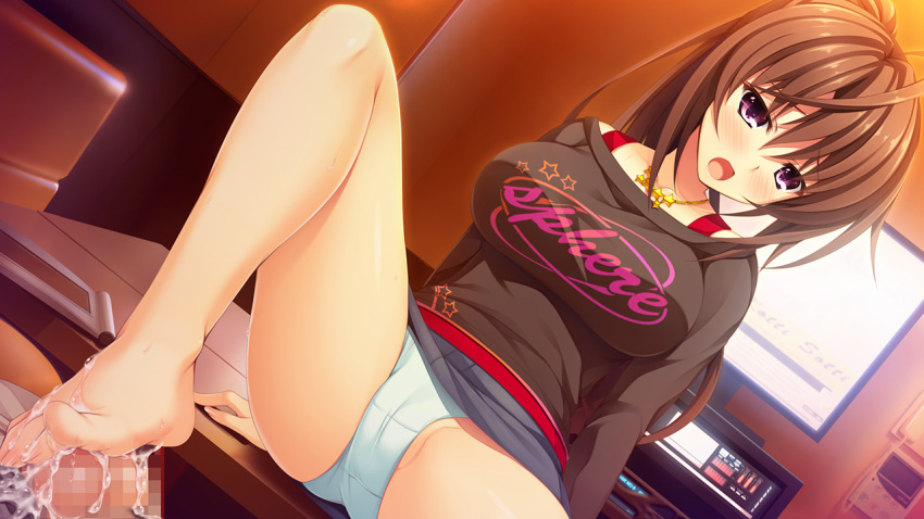 1girl barefoot blush brown_hair cum ejaculation feet footjob large_breasts long_hair looking_at_viewer necklace one_leg_raised open_mouth panties pantyshot pov purple_eyes sitting table toes