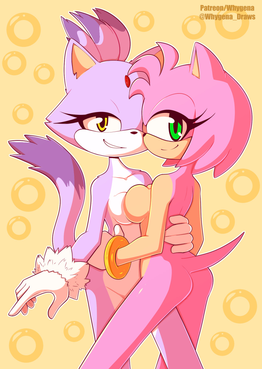 amy_rose anthro blaze_the_cat bracelet breast_squish breasts breasts_frottage butt cat cute dipstick_tail duo feline female female/female green_eyes hand_behind_back hand_on_hip hedgehog jewelry looking_at_viewer looking_back mammal mostly_nude multicolored_tail pinup pose side_boob simple_background smile sonic_(series) two_tone_body whygena yellow_background yellow_eyes