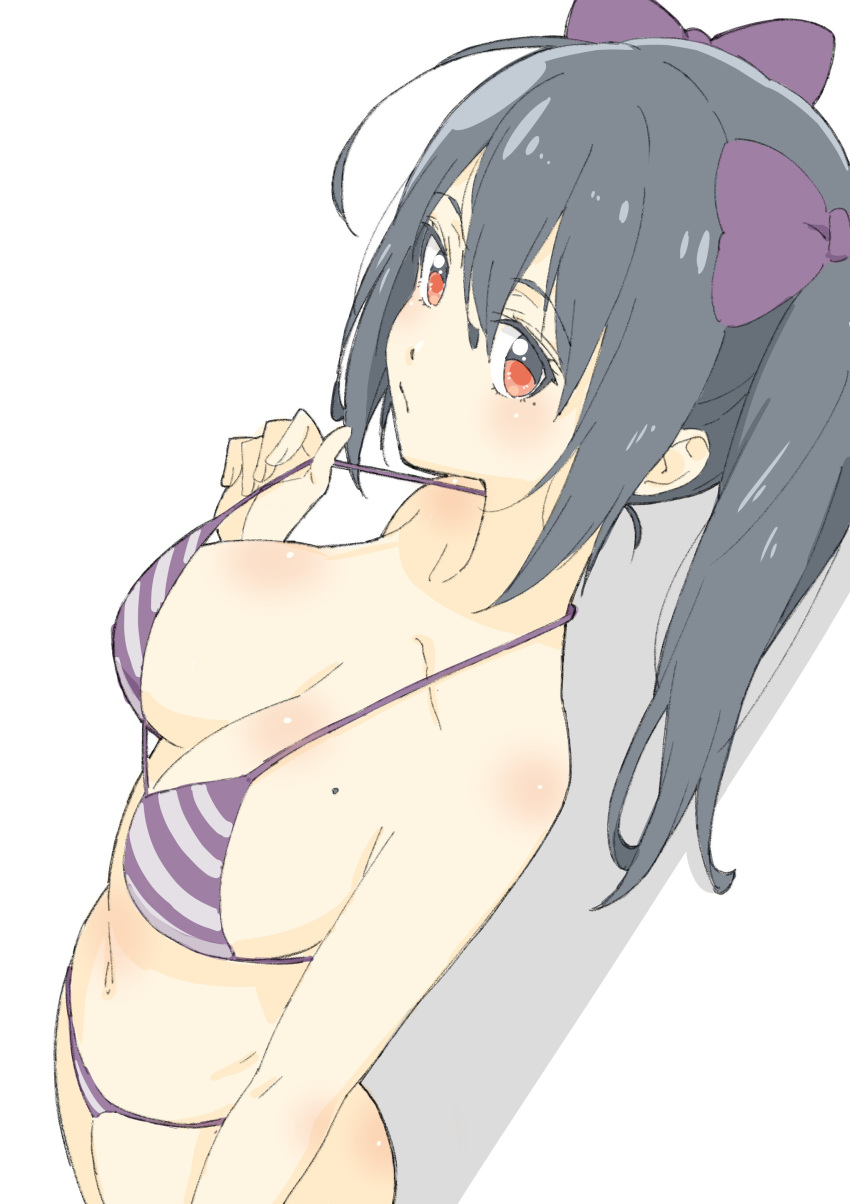 absurdres bangs bikini black_hair bow breasts character_request cleavage collarbone donguri_suzume hair_between_eyes hair_bow halterneck highres large_breasts long_hair looking_at_viewer lying mole mole_on_breast navel on_back purple_bikini purple_bow red_eyes sideways solo strap_pull striped striped_bikini swimsuit twintails white_background
