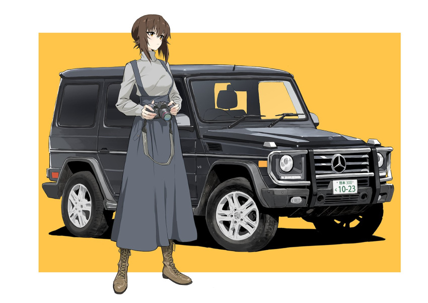blue_skirt boots breasts brown_eyes brown_footwear brown_hair camera car commentary_request cross-laced_footwear girls_und_panzer grey_sweater ground_vehicle highres holding holding_camera lace-up_boots ladic long_hair long_sleeves medium_breasts mercedes-benz mercedes-benz_g-class motor_vehicle nishizumi_maho skirt solo suspender_skirt suspenders sweater turtleneck turtleneck_sweater two-tone_background white_background yellow_background