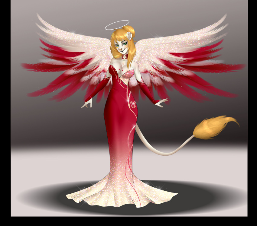 2018 anthro blonde_hair breasts cherrysdesigns clothed clothing digital_media_(artwork) dress feline female firestorm3 fur hair lion mammal sade_(firestorm3) simple_background smile solo teenager virgin white_fur wings young