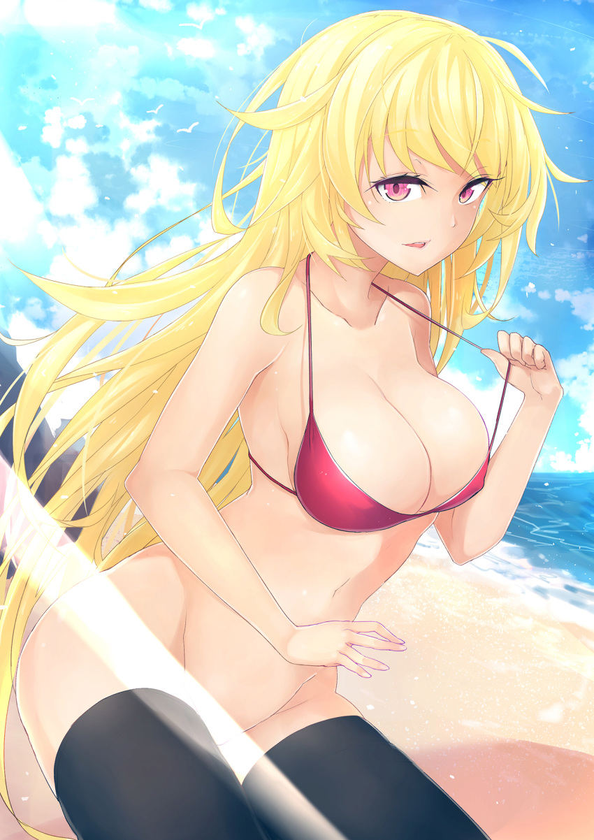 beach bird black_legwear blonde_hair bottomless breasts cloud covered_nipples day halter_top halterneck highres large_breasts light_censor long_hair looking_at_viewer navel ocean open_mouth outdoors pink_eyes purple_bikini_top sky solo strap_lift thighhighs very_long_hair xiaodi