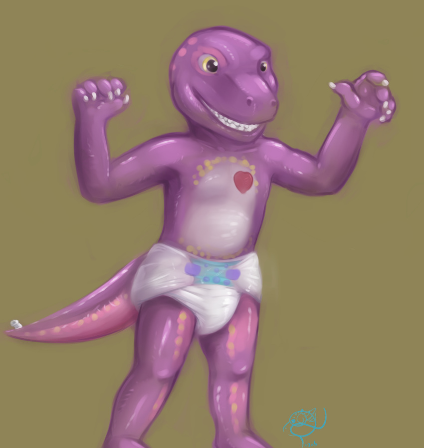 animate_inanimate anthro balloon diaper dinosaur foil hi_res inflatable living_inflatable lizab male nozzle purple_body scalie solo