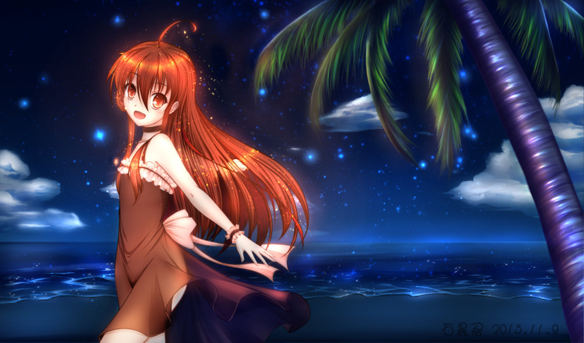 2015 278004410 :d ahoge back_bow beach bow brown_dress choker cloud dated dress floating_hair from_side hair_between_eyes highres jewelry long_dress long_hair looking_at_viewer necklace night ocean open_mouth outdoors outstretched_arm palm_tree red_eyes red_hair see-through_silhouette shakugan_no_shana shana sky sleeveless sleeveless_dress smile solo standing star_(sky) starry_sky strapless strapless_dress striped striped_dress sundress tree very_long_hair white_bow wrist_cuffs