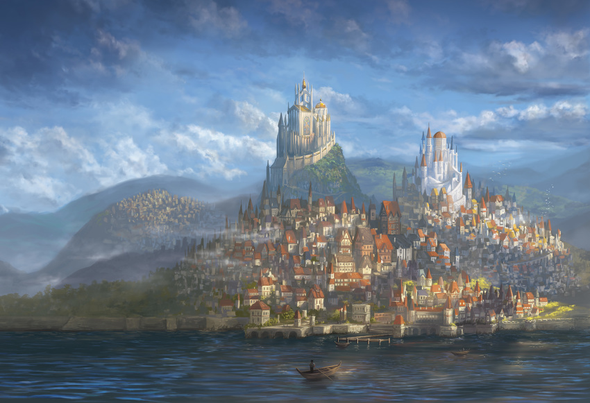 alayna_danner ambiguous_gender blue_sky boat castle city cloud cloudy_sky commentary day english_commentary fantasy fog highres hill lake mountain original outdoors scenery sky watercraft