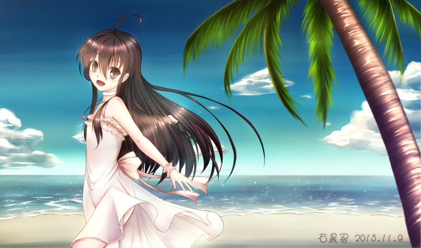 2015 278004410 :d ahoge back_bow beach black_hair blue_sky bow brown_eyes choker cloud dated day dress floating_hair from_side hair_between_eyes highres jewelry long_dress long_hair looking_at_viewer necklace ocean open_mouth outdoors outstretched_arm palm_tree shakugan_no_shana shana sky sleeveless sleeveless_dress smile solo standing strapless strapless_dress striped striped_dress sundress tree very_long_hair white_bow white_dress wrist_cuffs