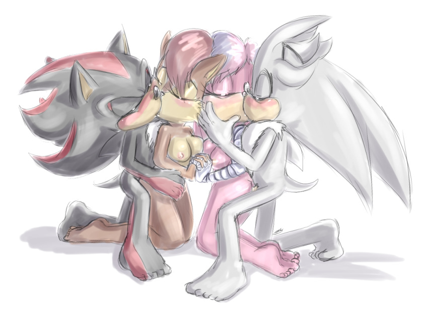 anthro bisexual black_fur blush breast_squish breasts breasts_frottage brown_fur echidna eyes_closed female female/female fur hair hand_holding hedgehog julie-su kissing male male/female mammal monotreme pink_fur pink_hair red_hair rodent sally_acorn sex shadow_the_hedgehog silver_the_hedgehog sonic_(series) squirrel white_fur