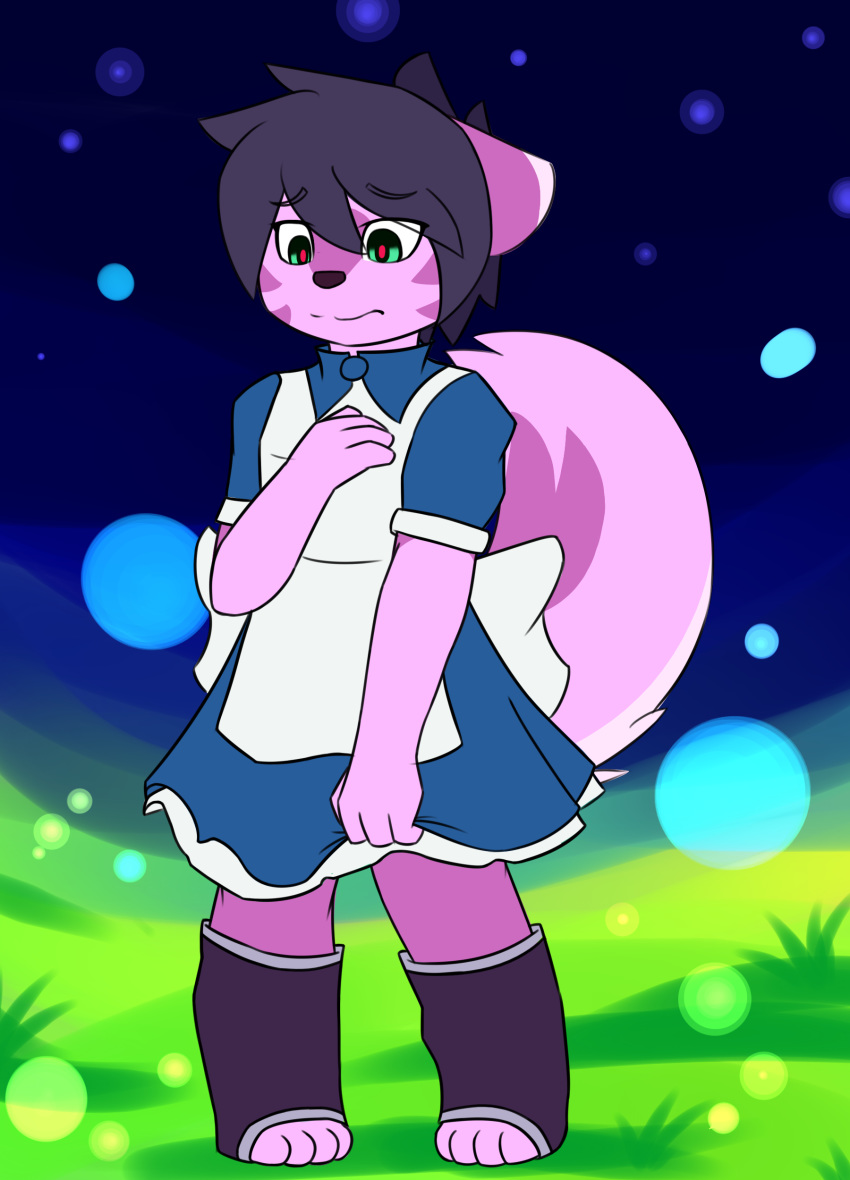 anthro canine clothed clothing crossdressing cynxie_(artist) dress fox fur green_eyes legwear mammal naz_namaki_(cynxie) pink_fur purple_fur red_pupils simple_background standing stockings