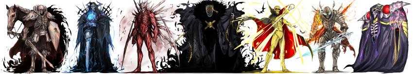 ainz_ooal_gown baraggan_louisenbairn bat berserk bleach blue_fire bone cane cape clawed_gauntlets cloak dual_wielding fate/grand_order fate_(series) fire flesh gantz highres holding horse kan_(aaaaari35) king_hassan_(fate/grand_order) long_image magic mordecai_the_duelist multiple_boys nurarihyon_alien_boss ougon_bat ougon_bat_(character) overlord_(maruyama) shadowverse shield shoulder_pads skeleton skull skull_knight sword trait_connection weapon wide_image