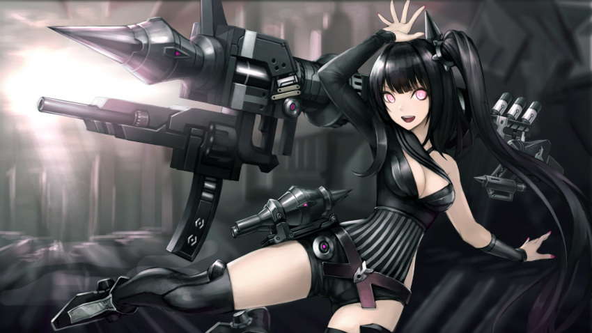 architect_(girls_frontline) asymmetrical_clothes bangs belt black_hair black_legwear black_shorts breasts cleavage girls_frontline hair_ornament highres long_hair looking_at_viewer medium_breasts nail_polish npt_(akzkfhsk0503) open_mouth pale_skin pink_eyes red_nails sangvis_ferri short_shorts shorts side_ponytail smile solo thighhighs very_long_hair weapon