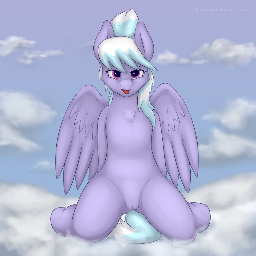 blue_feathers cloud cloud_chaser_(mlp) equine feathered_wings feathers female feral friendship_is_magic fur hair hi_res hooves kneeling long_hair looking_at_viewer mammal multicolored_hair my_little_pony nude open_mouth outside pegasus pink_eyes purple_feathers purple_fur pussy sky smile solo staggeredline tongue tongue_out two_tone_hair wings