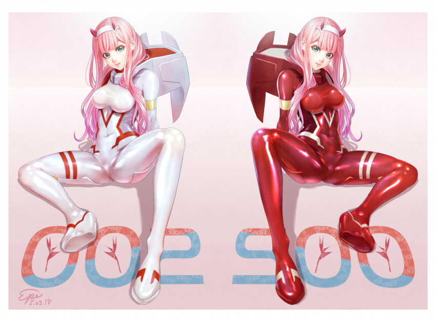 bodysuit breasts commentary_request darling_in_the_franxx eyebrows_visible_through_hair eyeshadow green_eyes hairband highres horns long_hair looking_at_viewer makeup medium_breasts mirror_image multiple_views oni_horns pilot_suit pink_hair red_bodysuit red_horns shiny shiny_hair skin_tight spread_legs variations white_hairband yudoufu_(unify) zero_two_(darling_in_the_franxx)