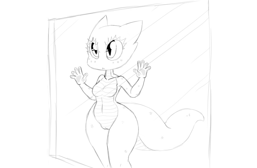 anthro bit-small breasts female glass kobold monochrome navel on_glass pussy slit_pupils small_breasts solo