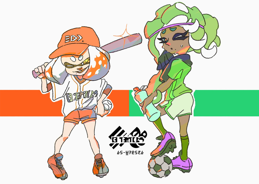 ball baseball baseball_cap baseball_uniform bottle carrying_over_shoulder cephalopod_eyes cleats commentary dark_skin diffraction_spikes eyebrows green_eyes green_hair hat highres hime_(splatoon) iida_(splatoon) inoue_seita logo long_hair looking_at_viewer looking_back multiple_girls official_art orange_hat short_hair shorts soccer_ball soccer_uniform splatoon_(series) splatoon_2 sportswear sweat tentacle_hair towel towel_around_neck water_bottle white_hair white_shorts wiping_face yellow_eyes