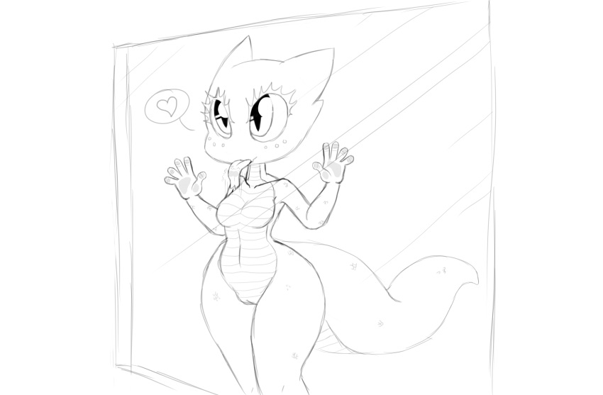 &lt;3 anthro bit-small breasts female glass kobold monochrome navel on_glass pussy slit_pupils small_breasts solo speech_bubble tongue tongue_out