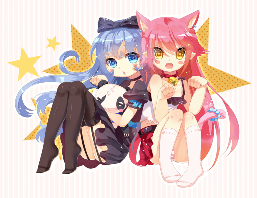 &lt;3 &lt;3_eyes 2013 animal_humanoid blue_eyes blue_hair blush cat_humanoid clothed clothing duo feline female hair human humanoid legwear looking_at_viewer mammal open_mouth panties pink_hair plushie rancy01 reclining ribbons socks stockings underwear yellow_eyes