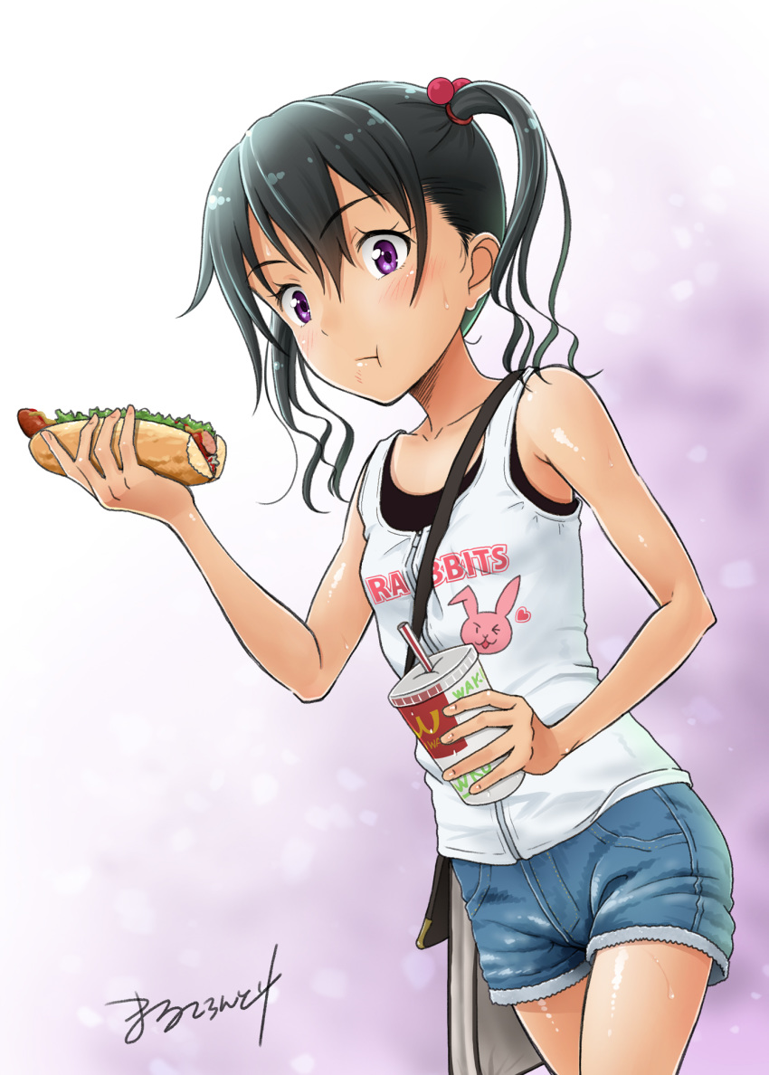 artist_name bag black_hair clothes_writing commentary_request cowboy_shot cup denim denim_shorts drink eating food hair_bobbles hair_ornament highres holding hot_dog long_hair marukorondo original purple_eyes shorts signature solo twintails vest white_vest