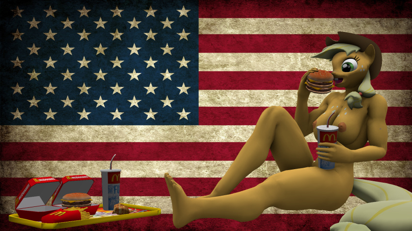 16:9 2014 3d_(artwork) 4th_of_july anthro anthrofied applejack_(mlp) areola big_breasts breasts burger digital_media_(artwork) earth_pony eating equine erect_nipples female flag food friendship_is_magic horse mammal mcdonald's my_little_pony nipples pony solo stars_and_stripes stereotype swedishsnus united_states_of_america