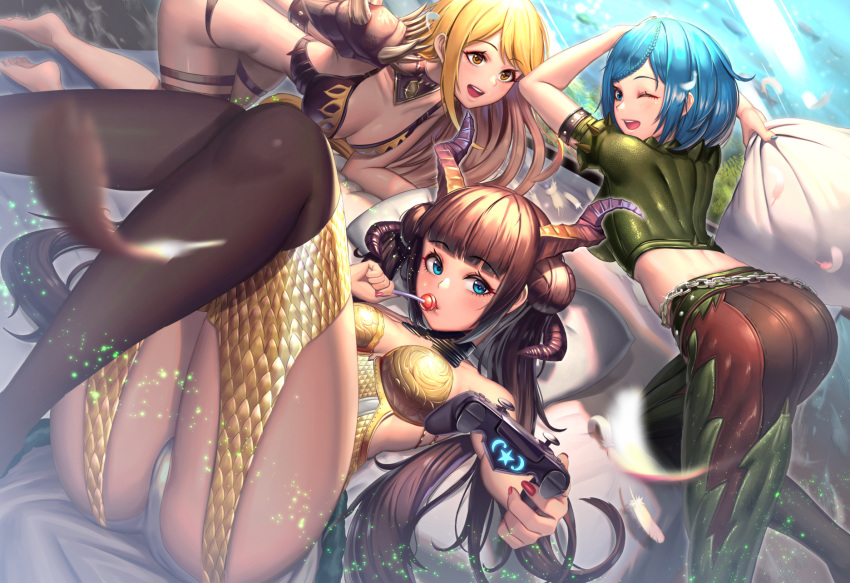 :d all_fours armor ass bangs blonde_hair blue_eyes blue_hair blunt_bangs blush braid breasts brown_hair candy commentary_request controller deviljho_(armor) double_bun eyebrows_visible_through_hair fingernails food game_controller highres holding horns kulve_taroth_(armor) large_breasts light_particles lollipop long_hair looking_at_viewer lying monster_hunter monster_hunter:_world moonandmist multiple_girls nail_polish nergigante_(armor) on_back one_eye_closed open_mouth pillow_fight pink_nails short_hair skin_tight smile spikes thighhighs yellow_eyes
