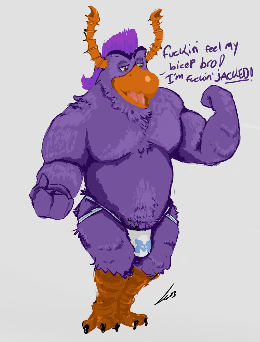 anthro avian beak biceps brock_pearson bulge clothing disney feathers hair hi_res horn jockstrap male monsters_inc monsters_university muscular open_mouth pixar purple_hair rohly solo underwear