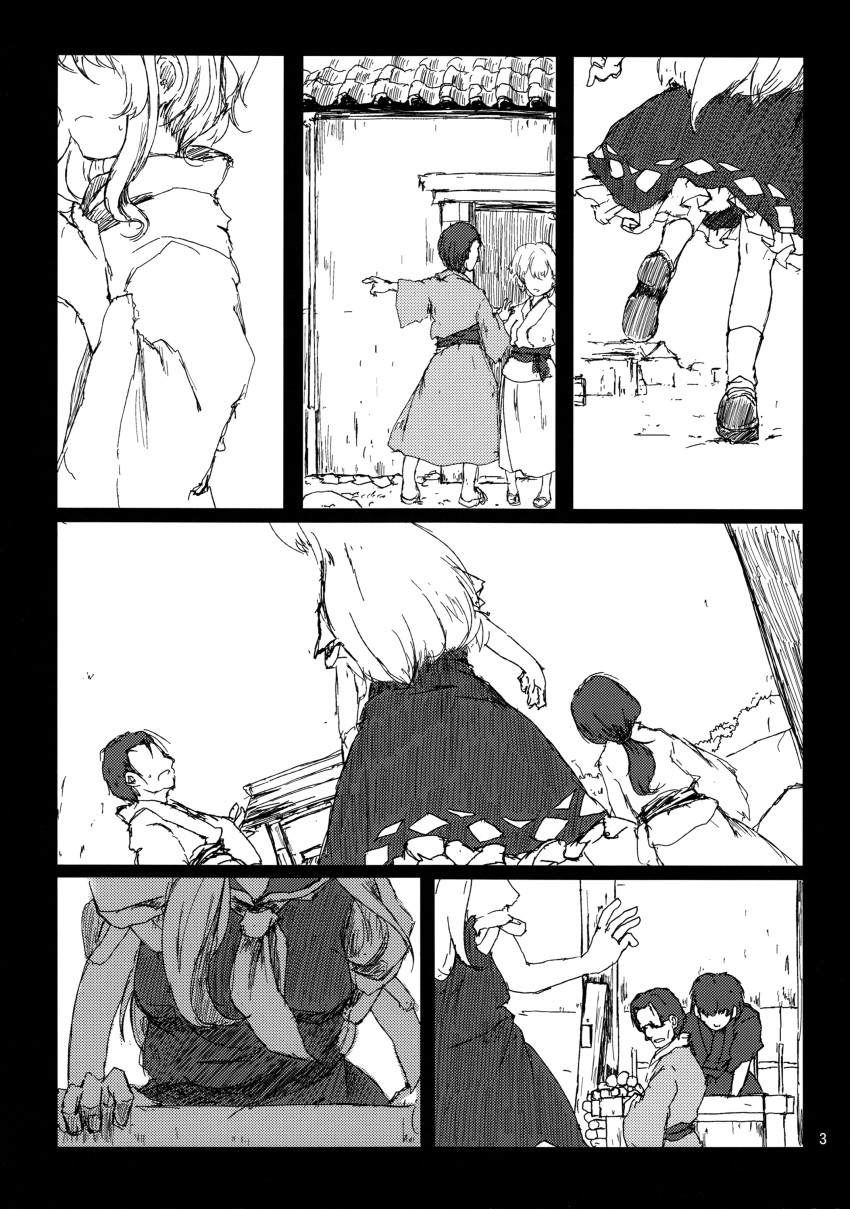 absurdres ascot comic dress greyscale hat highres kamishirasawa_keine long_hair monochrome page_number short_sleeves sunaya_yanokura touhou