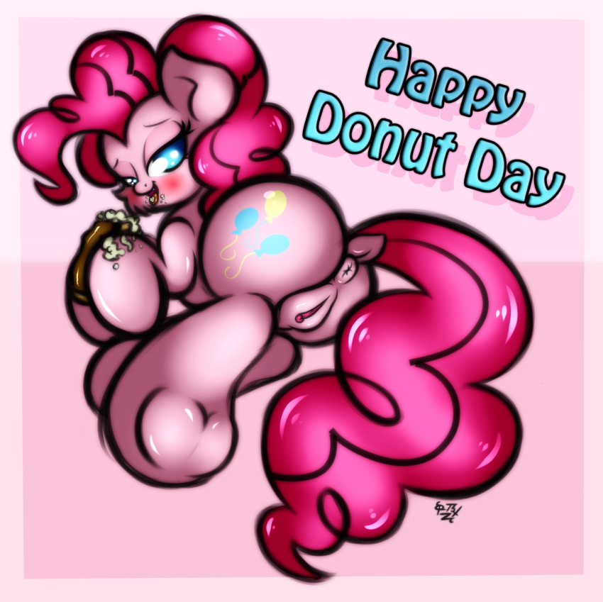2014 anus blue_eyes blush butt cutie_mark digital_media_(artwork) doughnut earth_pony eating english_text ep777 equine female feral food friendship_is_magic fur hair half-closed_eyes hi_res horse looking_at_viewer mammal my_little_pony open_mouth pink_background pink_fur pink_hair pinkie_pie_(mlp) pony pussy simple_background solo text tongue underhoof