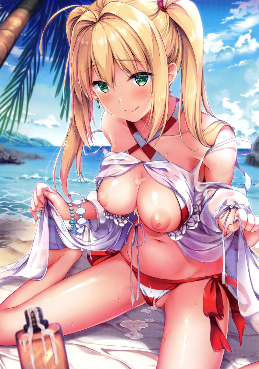 absurdres ahoge bangs bare_shoulders beach bead_bracelet beads bikini blonde_hair blush bracelet breasts breasts_outside collarbone criss-cross_halter day dress earrings eyebrows_visible_through_hair fate/extra fate/grand_order fate_(series) gown green_eyes hair_intakes halterneck highres jewelry large_breasts licking_lips long_hair looking_at_viewer lotion lotion_bottle navel nero_claudius_(fate)_(all) nero_claudius_(swimsuit_caster)_(fate) nipples ocean outdoors palm_tree red_bikini scan seiza side-tie_bikini sitting smile striped striped_bikini swimsuit thighs tongue tongue_out tree twintails yuriko