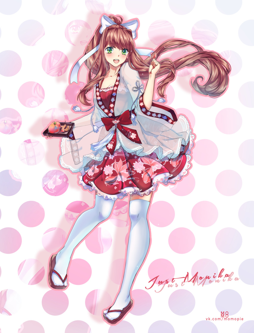 :d absurdres alternate_costume alternate_legwear blush brown_hair character_name doki_doki_literature_club dress eyebrows_visible_through_hair floral_print food frilled_dress frills fruit full_body green_hair hair_ribbon highres long_hair looking_at_viewer momopie monika_(doki_doki_literature_club) open_mouth peach polka_dot polka_dot_background ponytail ribbon smile solo thighhighs very_long_hair watermark web_address white_legwear white_ribbon wide_sleeves zoom_layer