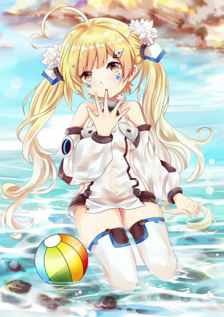 ahoge azur_lane bad_id bad_pixiv_id ball bangs bare_shoulders beachball blonde_hair blue_sky blush breasts chestnut_mouth cloud commentary_request day detached_sleeves dress eldridge_(azur_lane) eyebrows_visible_through_hair facial_mark finger_to_mouth hair_ornament head_tilt heart_ahoge highres long_hair long_sleeves medium_breasts mutang no_shoes outdoors parted_lips puffy_long_sleeves puffy_sleeves red_eyes seiza shallow_water sitting sky sleeveless sleeveless_dress soles solo thighhighs twintails very_long_hair water white_dress white_legwear