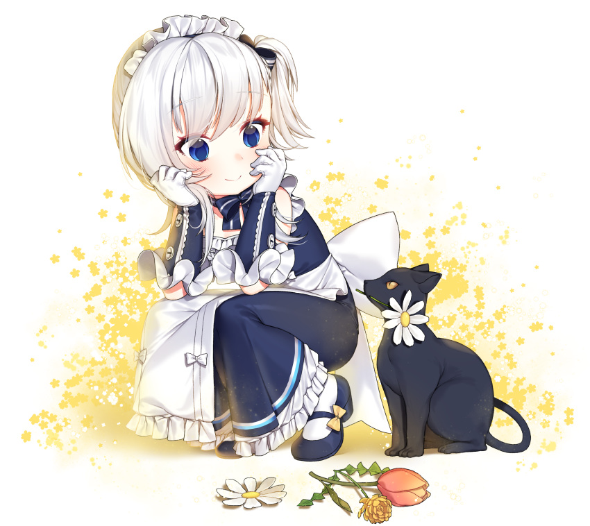 absurdres animal apron arm_support azur_lane bangs belchan_(azur_lane) belfast_(azur_lane) black_cat blue_bow blue_dress blue_eyes blue_footwear blush bow cat closed_eyes closed_mouth collarbone commentary_request dress flower flower_in_mouth frilled_apron frilled_dress frills gloves hair_bow highres ia_(ias1010) long_hair looking_away looking_to_the_side maid_headdress mary_janes mouth_hold one_side_up pantyhose pink_flower shoes silver_hair sleeveless sleeveless_dress smile solo squatting striped striped_bow white_apron white_background white_flower white_gloves white_legwear yellow_flower younger