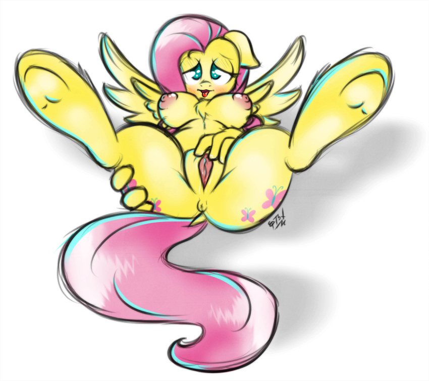2014 anthro anthrofied anus breasts chest_tuft digital_media_(artwork) ep777 equine feathered_wings feathers female fluttershy_(mlp) friendship_is_magic fur hair hooves legs_up mammal my_little_pony nipples pegasus pink_hair presenting pussy solo spread_legs spreading tongue tuft wings yellow_feathers yellow_fur