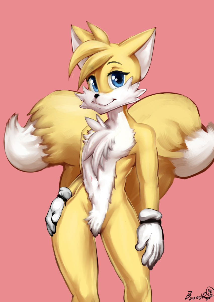 2018 anthro black_nose blue_eyes byondrage canine clothing dipstick_tail fox fur gloves hi_res male mammal miles_prower multicolored_tail pose signature smile solo sonic_(series) video_games white_fur yellow_fur