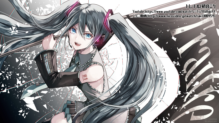 :d black_legwear black_skirt blue_eyes detached_sleeves flag floating_hair french grey_shirt hair_between_eyes hatsune_miku headphones headset highres holding holding_flag long_hair microphone miniskirt number open_mouth pleated_skirt shirt skirt sleeveless sleeveless_shirt smile solo tattoo thighhighs twintails very_long_hair vocaloid watermark z-epto_(chat-noir86)