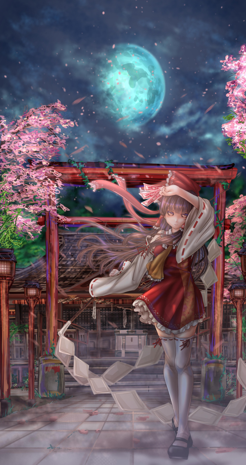 absurdres architecture arm_above_head bangs between_fingers black_footwear blunt_bangs bow box brown_hair cherry_blossoms cloud cravat detached_sleeves donation_box east_asian_architecture expressionless frilled_skirt frills gibbous_moon gohei hair_blowing hair_bow hair_tubes hakurei_reimu highres lantern long_hair looking_at_viewer mary_janes moon night night_sky ofuda outdoors outstretched_arm petals ponytail red_eyes red_skirt red_vest ribbon-trimmed_legwear ribbon-trimmed_sleeves ribbon_trim shoes shounen_(hogehoge) shrine skirt sky solo stairs standing stone_walkway thighhighs torii touhou tree very_long_hair vest wide_shot wind wooden_lantern yellow_neckwear