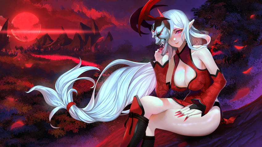 alternate_costume alternate_eye_color alternate_skin_color bare_shoulders black_legwear breasts cleavage crossed_legs detached_sleeves highres horn in_tree large_breasts league_of_legends long_hair looking_at_viewer low-tied_long_hair mask moon nail_polish one_eye_covered outdoors pink_eyes pointy_ears red_legwear red_moon red_nails shin_guards sitting smile solo soraka tianlluo tree white_hair