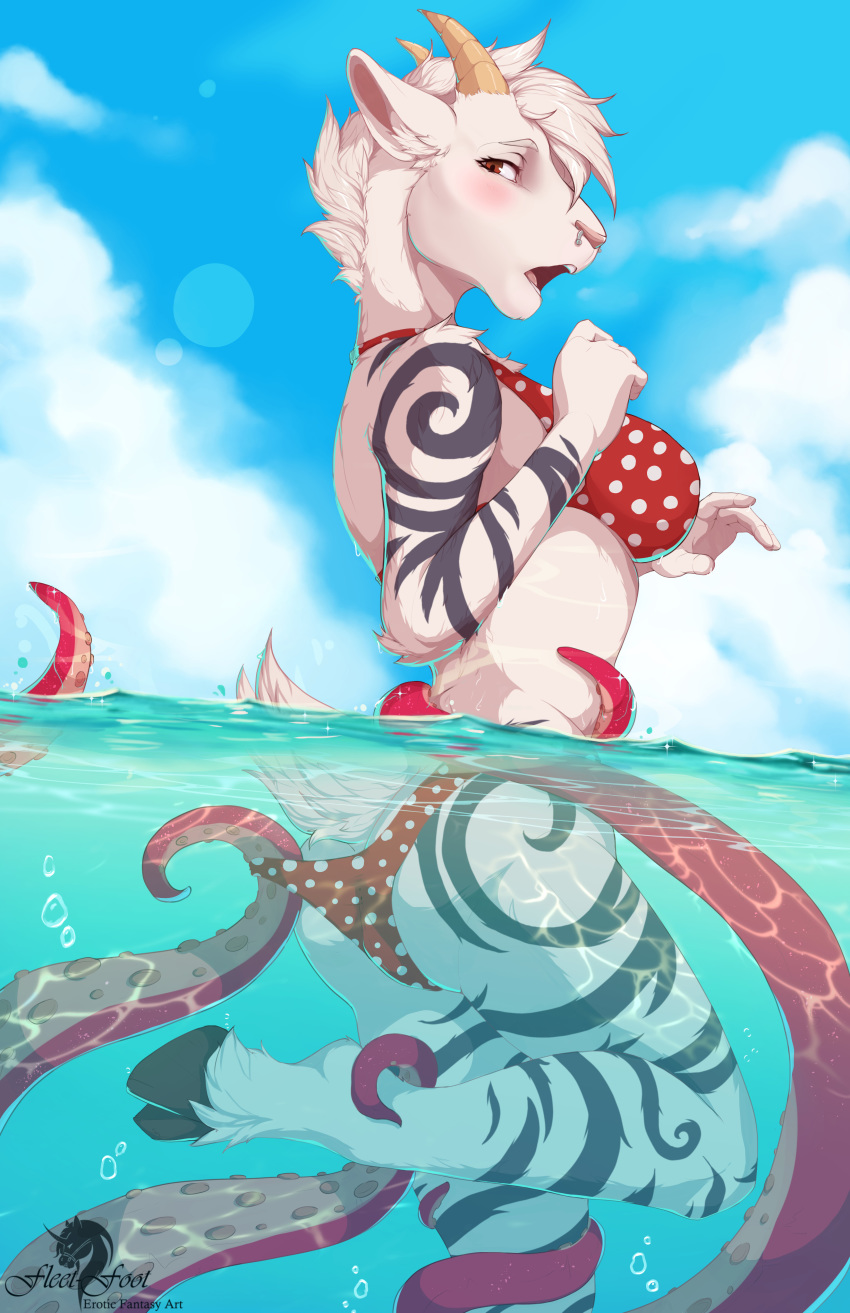 2018 anthro beach big_breasts blush breasts cephalopod chest_tuft clothing colored digital_drawing_(artwork) digital_media_(artwork) dripping fantasy female fleet-foot fur gasp hi_res horn mammal marine moo moo_lawgoat octopus open_mouth pinup pose seaside simple_background solo surprise swim swimming swimsuit tentacles tuft underwater water