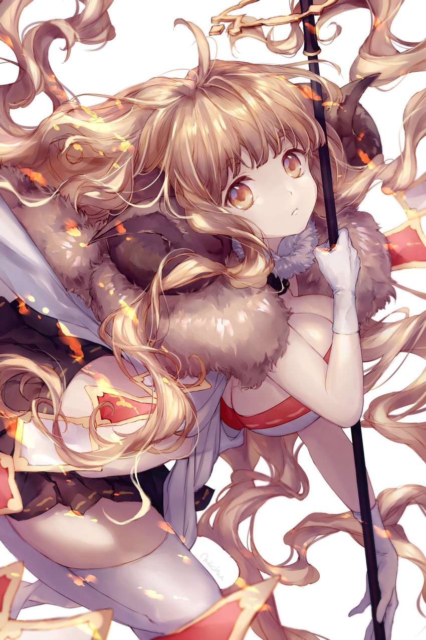 anila_(granblue_fantasy) cleavage granblue_fantasy horns michudx signed thighhighs weapon