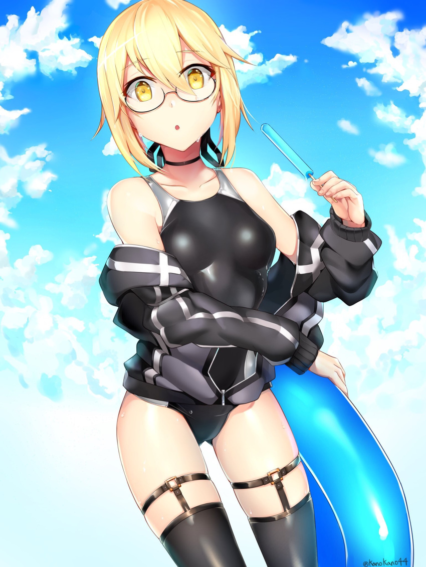:o artoria_pendragon_(all) ass_visible_through_thighs black_legwear blonde_hair blue_innertube blue_sky breasts cloud cloudy_sky commentary_request competition_swimsuit cowboy_shot day fate/grand_order fate_(series) food garters glasses highres innertube jacket kano_(kanokano44) looking_at_viewer mysterious_heroine_x_(alter) off_shoulder one-piece_swimsuit popsicle sky small_breasts solo swimsuit thighhighs track_jacket twitter_username wet yellow_eyes
