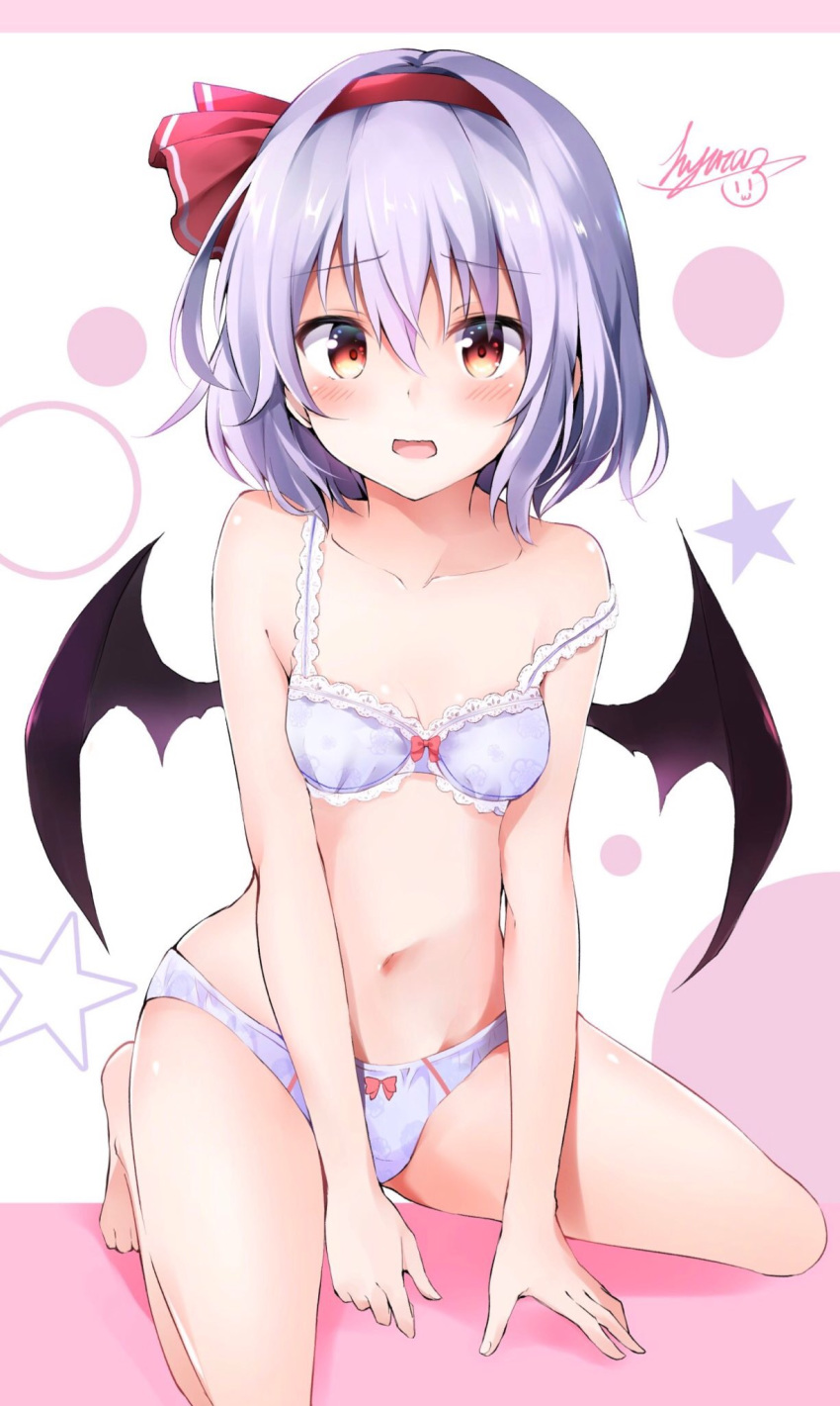 artist_name bangs bare_arms bare_legs bare_shoulders barefoot bat_wings black_wings blue_bra blue_panties blush bow bow_bra bow_panties bra breasts collarbone commentary_request eyebrows_visible_through_hair hair_between_eyes hair_ribbon hairband highres hyurasan kneeling lace lace-trimmed_bra lavender_hair looking_at_viewer navel open_mouth panties pink_background red_bow red_eyes red_hairband red_ribbon remilia_scarlet ribbon signature small_breasts solo star stomach strap_slip touhou two-tone_background underwear underwear_only white_background wings