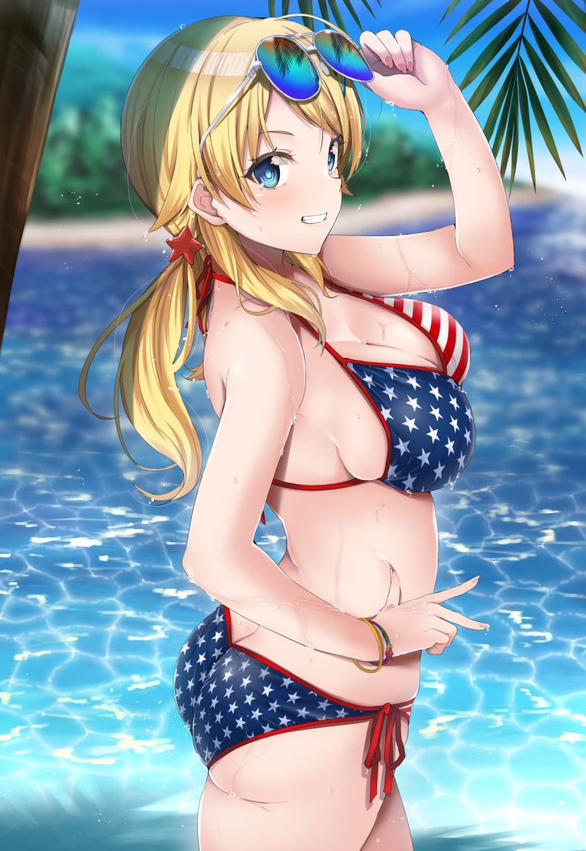 adjusting_eyewear ahoge amekasaikuta american_flag_bikini bangs beach bikini blonde_hair blue_eyes blurry blurry_background blush bracelet breasts butt_crack cleavage commentary_request day fingernails flag_print grin hachimiya_meguru highres idolmaster idolmaster_shiny_colors jewelry long_hair medium_breasts nail_polish ocean outdoors palm_tree side-tie_bikini smile solo standing sunglasses swimsuit tree wet