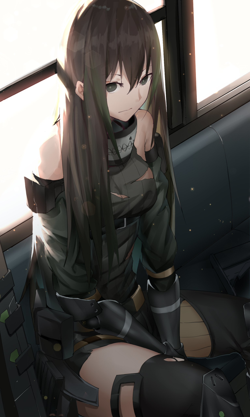 absurdres armband assault_rifle asymmetrical_legwear bandana bangs bare_shoulders belt between_legs black_hair breasts brown_hair buckle closed_mouth clothes_around_waist expressionless eyebrows_visible_through_hair gauntlets girls_frontline gloves green_eyes green_hair gun hand_between_legs headphones highres jacket jacket_around_waist light_particles long_hair looking_at_viewer m4_carbine m4a1_(girls_frontline) madao mod3_(girls_frontline) multicolored_hair pouch ribbed_legwear ribbed_sweater rifle sidelocks sitting strap streaked_hair sweater sweater_vest thighhighs thighs torn_clothes weapon