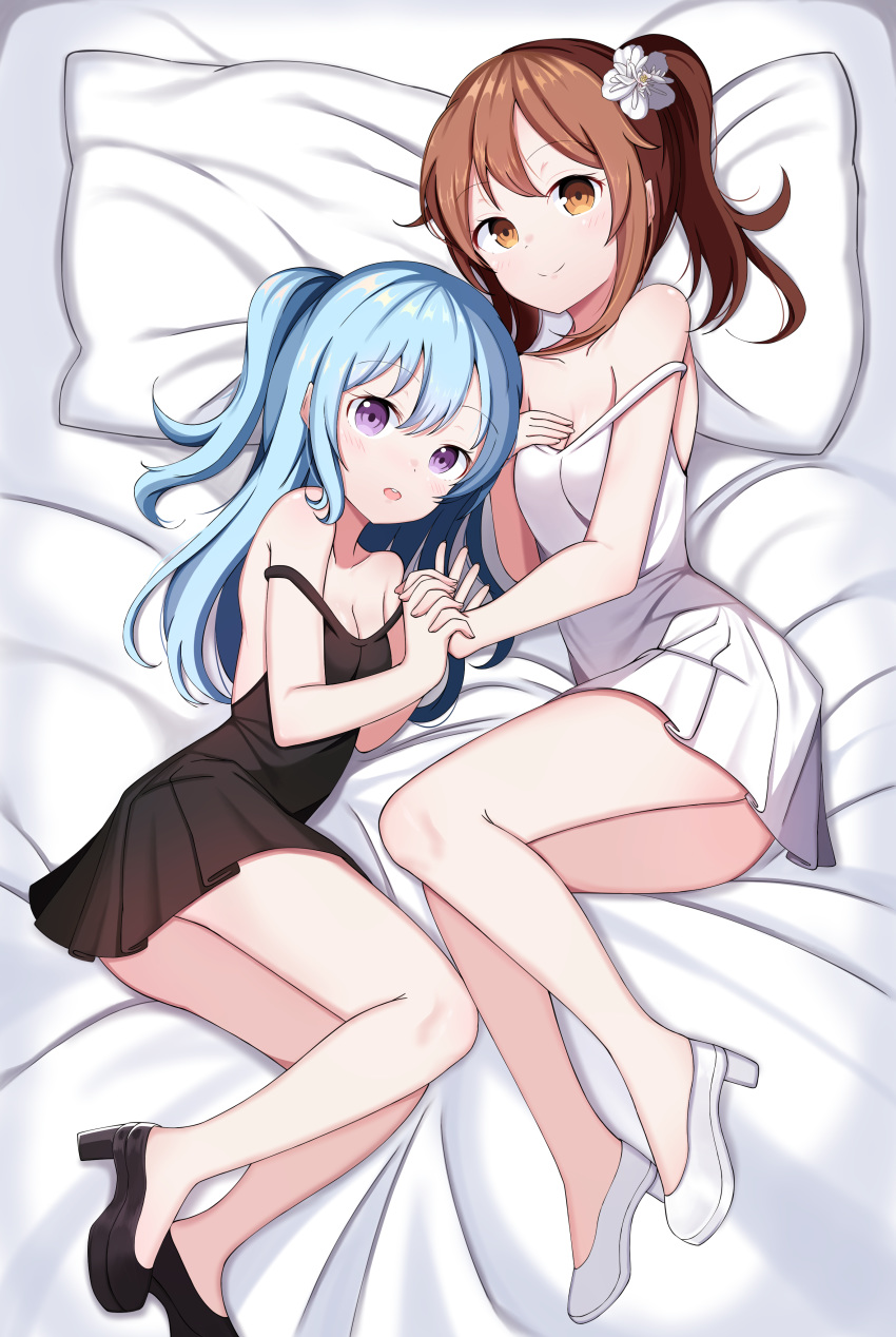 absurdres bang_dream! bangs bare_arms bare_shoulders bed_sheet black_dress black_footwear blue_hair blush breasts brown_eyes brown_hair cleavage closed_mouth collarbone commentary_request crossover dress eyebrows_visible_through_hair fingernails hair_between_eyes high_heels highres holding_hands idolmaster idolmaster_cinderella_girls interlocked_fingers korean_commentary long_hair lying matsubara_kanon multiple_girls on_side one_side_up open_mouth pillow pleated_dress purple_eyes sleeveless sleeveless_dress small_breasts starfox1015 strap_slip takamori_aiko white_dress white_footwear