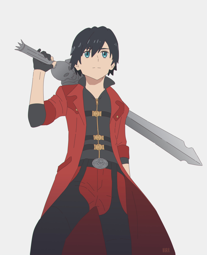 black_hair blue_eyes coat commentary cosplay dante_(devil_may_cry) dante_(devil_may_cry)_(cosplay) darling_in_the_franxx devil_may_cry devil_may_cry_4 hand_in_pocket highres hiro_(darling_in_the_franxx) holding holding_sword holding_weapon long_coat male_focus nurk over_shoulder red_coat solo sword sword_over_shoulder weapon weapon_over_shoulder