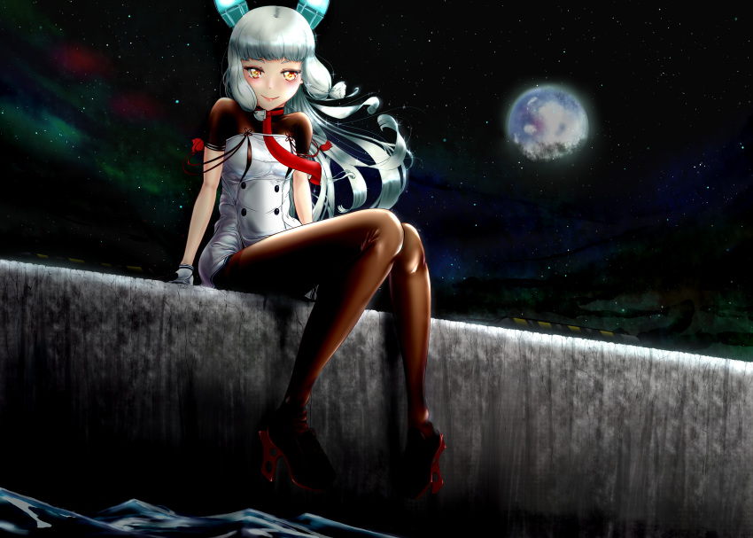 absurdres bangs black_legwear blunt_bangs blush boots breasts brown_legwear commentary_request dark dock dress floating_hair foot_dangle full_body gloves hair_ribbon headgear high_heel_boots high_heels highres kantai_collection knees_together_feet_apart lipstick long_hair looking_at_viewer makeup moon murakumo_(kantai_collection) necktie night night_sky nipple_cutout ocean okota_(pixiv) orange_eyes outdoors pantyhose red_neckwear remodel_(kantai_collection) ribbon rudder_shoes short_dress short_sleeves sidelocks silver_hair sitting sky small_breasts smile solo sparkle star_(sky) starry_sky strapless strapless_dress tassel thick_eyebrows thighband_pantyhose tress_ribbon turtleneck water wind wind_lift