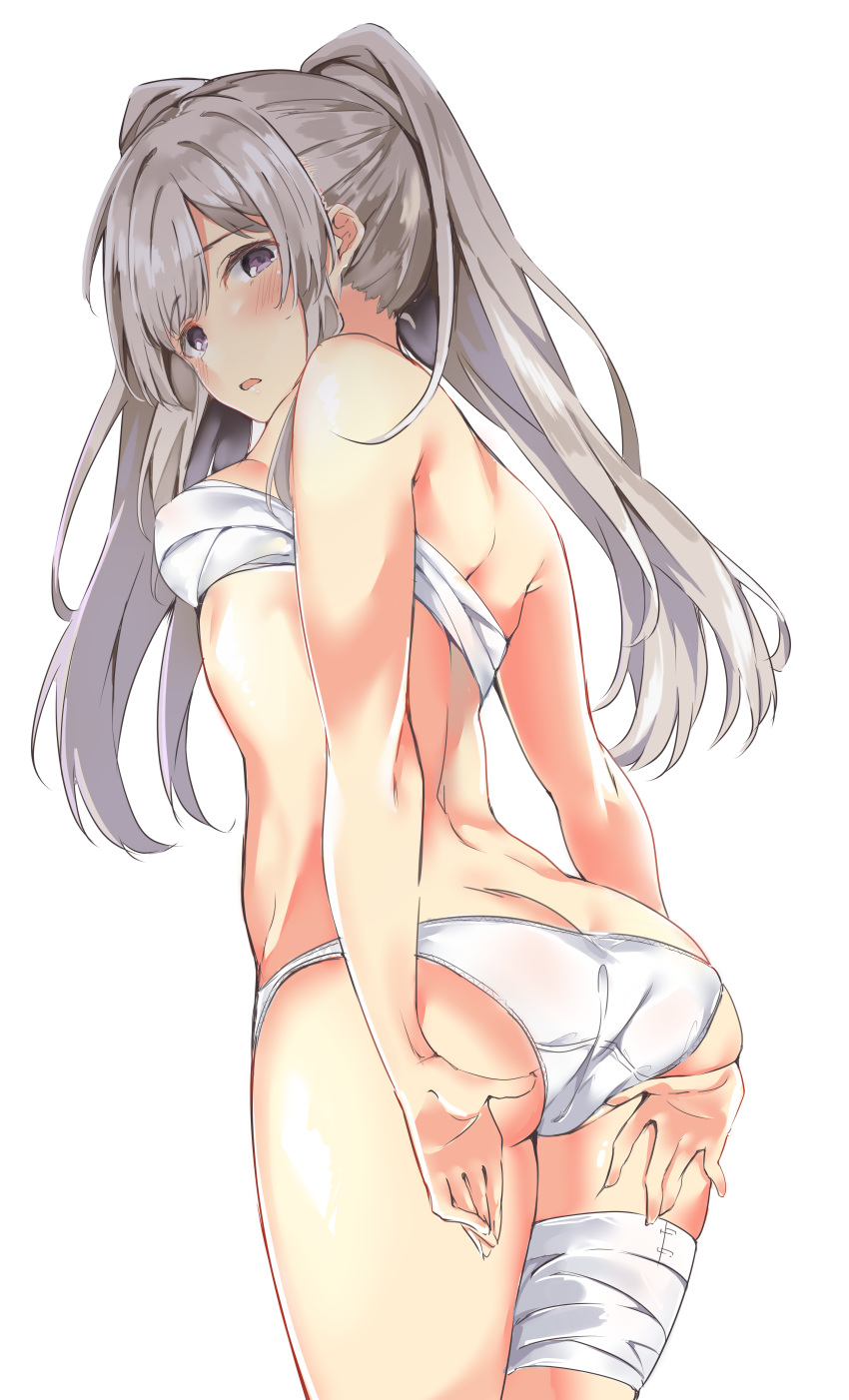 absurdres ass bandaged_leg bandages bangs bare_shoulders blush commentary_request cowboy_shot eyebrows_visible_through_hair from_behind grey_hair hands_on_own_ass highres idolmaster idolmaster_shiny_colors jacob_dream_world looking_back open_mouth panties purple_eyes sarashi sidelocks simple_background solo thighs twintails underwear white_background white_panties yuukoku_kiriko