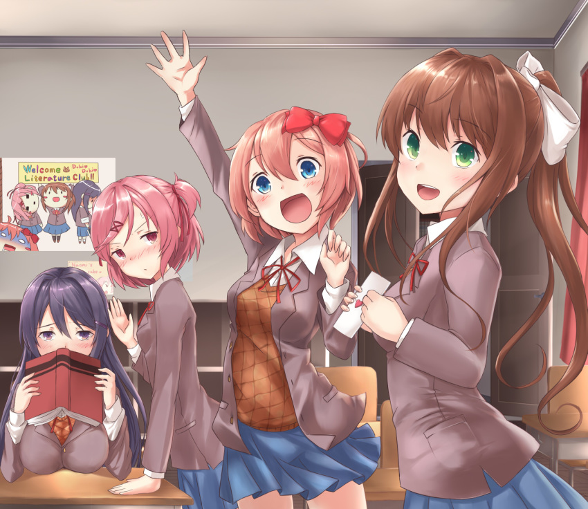 :d arm_up blue_eyes blue_skirt blush book bow brown_hair classroom commentary doki_doki_literature_club eyebrows_visible_through_hair green_eyes hair_between_eyes hair_bow hair_ornament hair_ribbon hairclip highres indoors jacket kotori_photobomb kuro_(baseball0000) letter long_hair looking_at_viewer monika_(doki_doki_literature_club) multiple_girls natsuki_(doki_doki_literature_club) open_clothes open_jacket open_mouth pink_hair ponytail poster_(object) purple_eyes purple_hair red_bow red_ribbon ribbon sayori_(doki_doki_literature_club) school_uniform skirt smile spoilers two_side_up white_ribbon yuri_(doki_doki_literature_club)