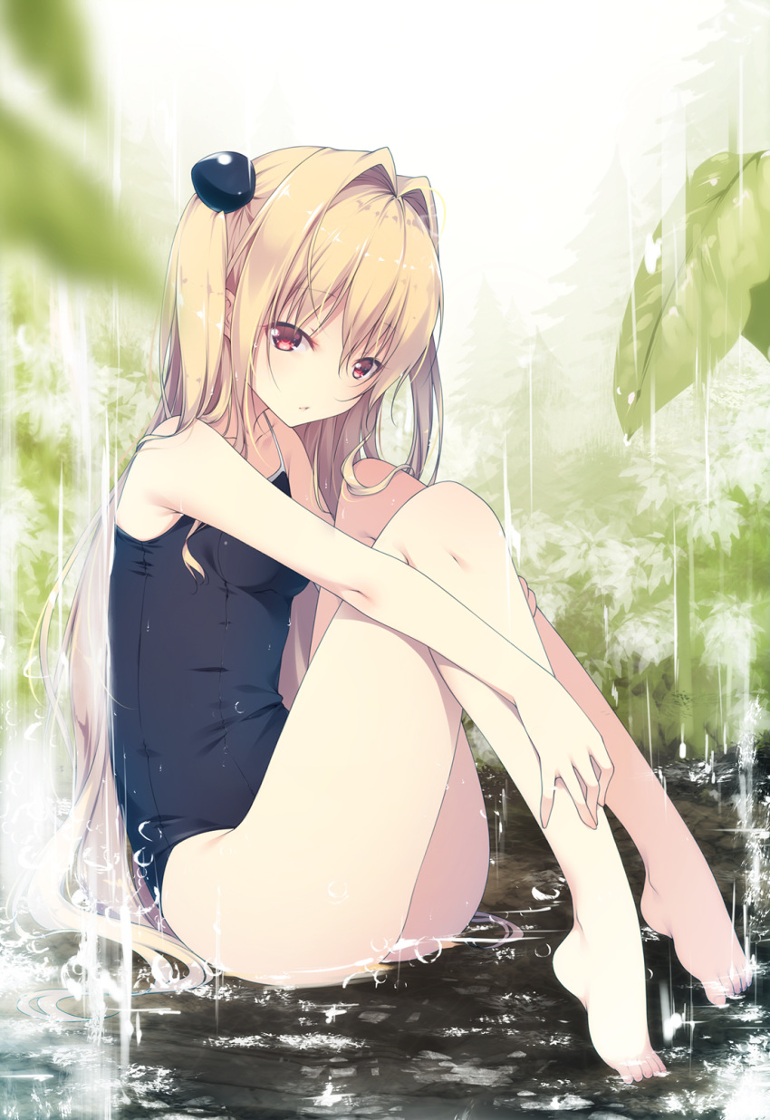 ass bangs bare_legs barefoot blonde_hair blurry blush breasts closed_mouth commentary_request day depth_of_field full_body hair_intakes highres knees_up konjiki_no_yami leaf legs long_hair looking_at_viewer one-piece_swimsuit outdoors plantar_flexion pond red_eyes school_swimsuit shokuyou_mogura sidelocks sitting small_breasts solo swimsuit thighs to_love-ru two_side_up water waterfall