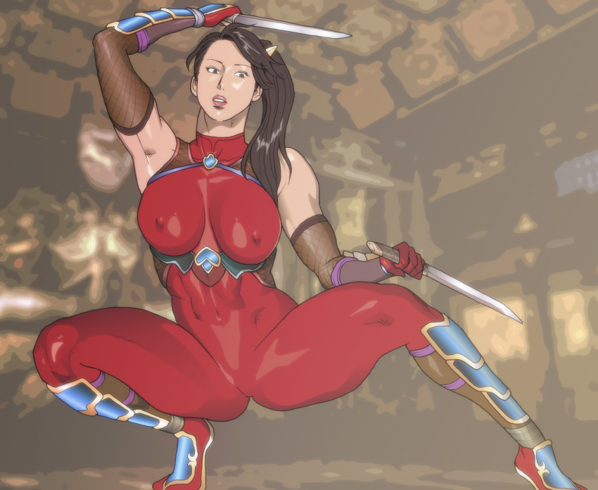 abs arm_up armor armpits bare_shoulders bodysuit breasts brown_hair covered_nipples elbow_gloves fingerless_gloves fishnet_fabric gloves highres large_breasts long_hair nappii_(nappy_happy) navel ninja ponytail skin_tight solo soulcalibur squatting sword taki_(soulcalibur) weapon