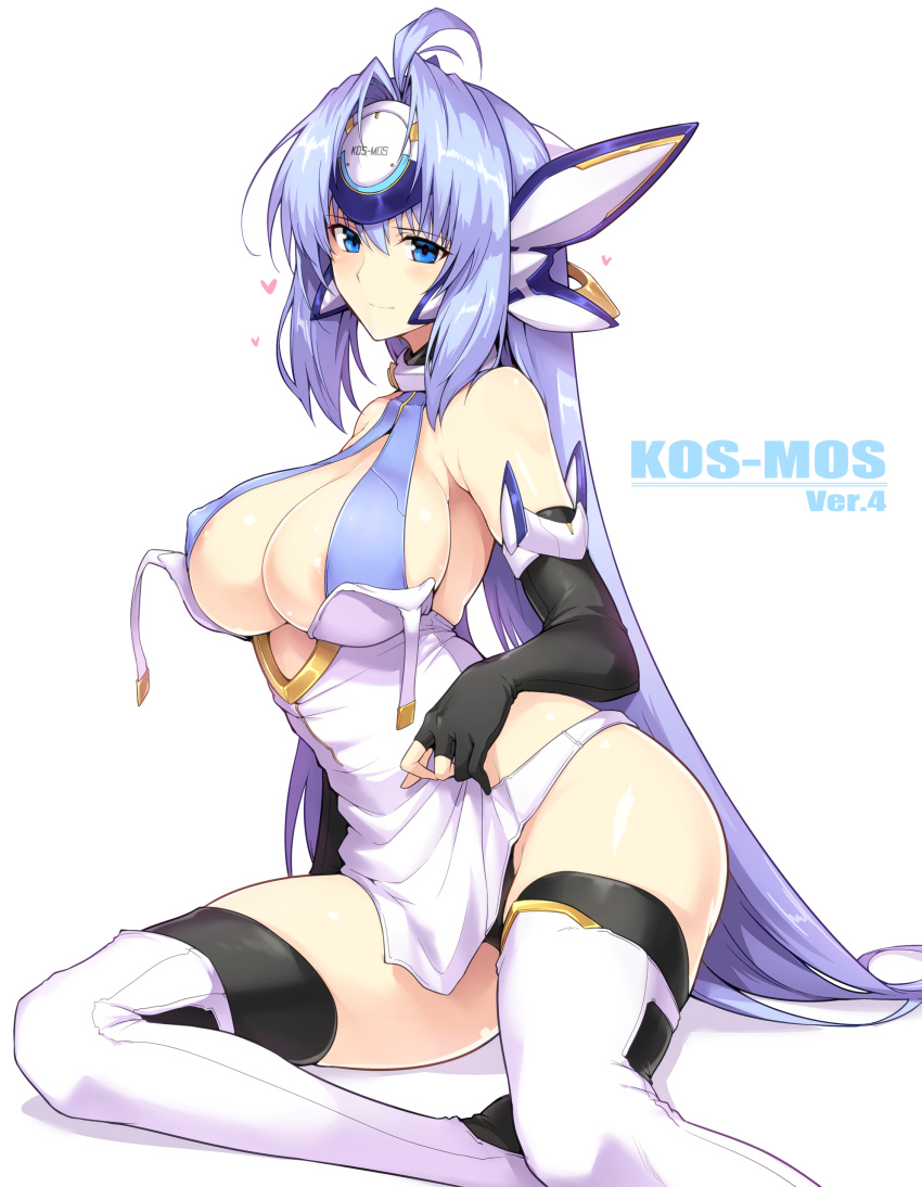 absurdres android areola_slip areolae bad_id bad_pixiv_id bangs bare_shoulders black_gloves blue_eyes blue_hair boots breasts character_name commentary_request covered_nipples elbow_gloves eyebrows_visible_through_hair forehead_protector gloves hair_between_eyes harukon_(halcon) heart highres hips kos-mos kos-mos_ver._4 large_breasts long_hair looking_at_viewer simple_background smile solo thigh_boots thighhighs thighs white_background white_legwear xenosaga