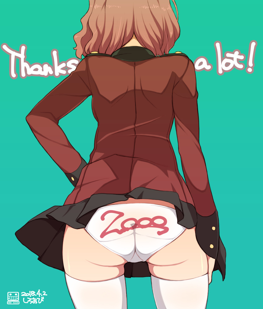 absurdres artist_name ass back black_skirt clothes_writing commentary_request cowboy_shot crotch_seam dated english epaulettes followers from_behind girls_und_panzer green_background hand_on_hip highres jacket long_sleeves military military_uniform miniskirt number panties pleated_skirt print_panties red_hair red_jacket rosehip shiroobi_(whitebeltmaster) short_hair signature simple_background skindentation skirt solo st._gloriana's_military_uniform standing thank_you thighhighs trefoil underwear uniform wardrobe_malfunction watermark white_legwear white_panties